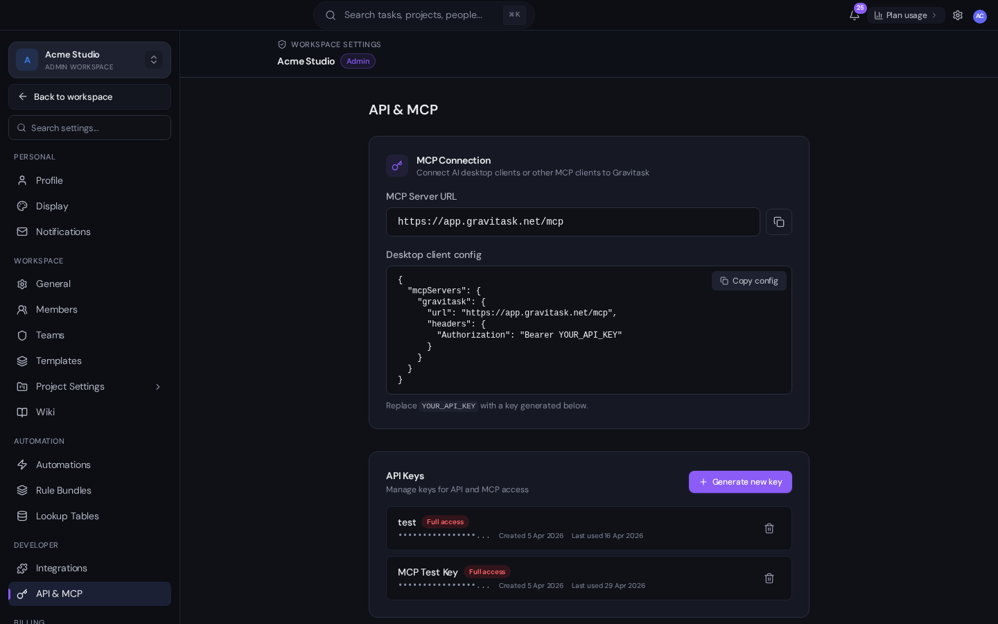 Gravitask Settings page open on the API and MCP tab, showing the MCP server URL https://app.gravitask.com/mcp and a JSON config for desktop AI clients